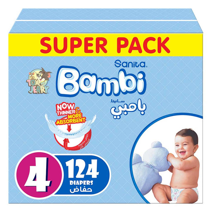 Sanita Bambi Tom And Jerry Baby Diapers, Size 4, Large For 8-16 Kg Baby, Super Pack of 124's - Easy Pharmacy LLC