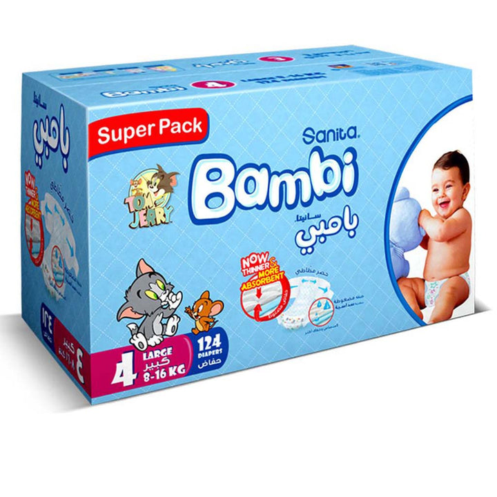 Sanita Bambi Tom And Jerry Baby Diapers, Size 4, Large For 8-16 Kg Baby, Super Pack of 124's - Easy Pharmacy LLC