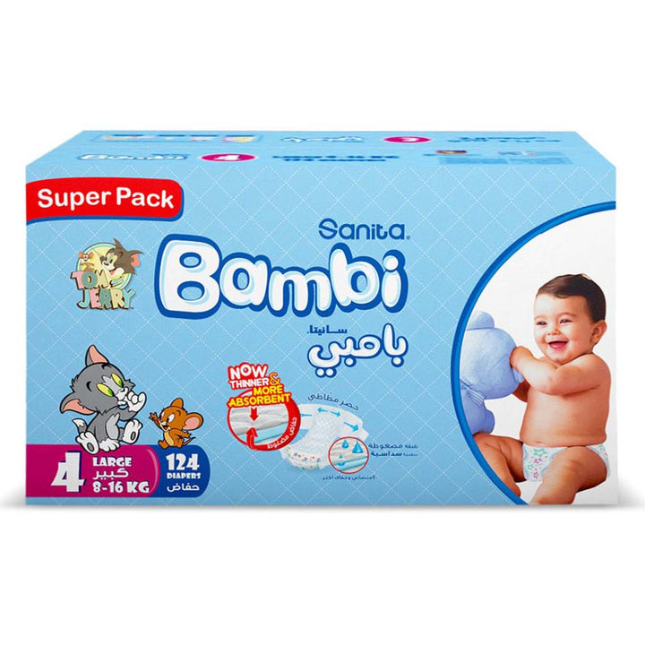 Sanita Bambi Tom And Jerry Baby Diapers, Size 4, Large For 8-16 Kg Baby, Super Pack of 124's - Easy Pharmacy LLC
