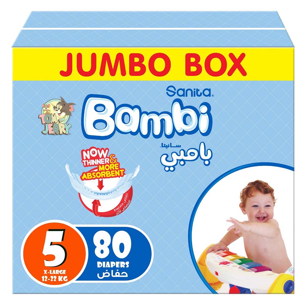 Sanita Bambi Tom And Jerry Baby Diapers, Size 5, X-Large, For 12-22 Kg Baby, Jumbo Box of 80's - Easy Pharmacy LLC