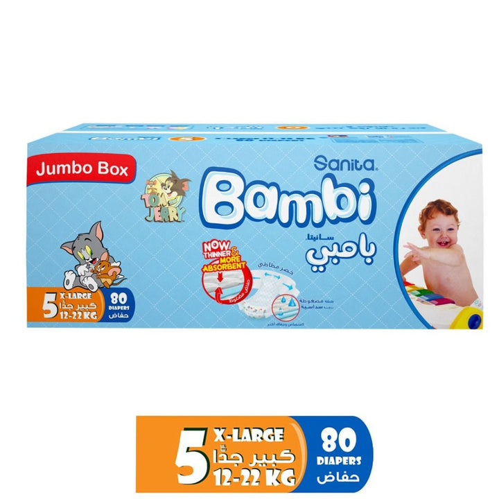 Sanita Bambi Tom And Jerry Baby Diapers, Size 5, X-Large, For 12-22 Kg Baby, Jumbo Box of 80's - Easy Pharmacy LLC