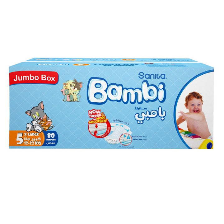 Sanita Bambi Tom And Jerry Baby Diapers, Size 5, X-Large, For 12-22 Kg Baby, Jumbo Box of 80's - Easy Pharmacy LLC