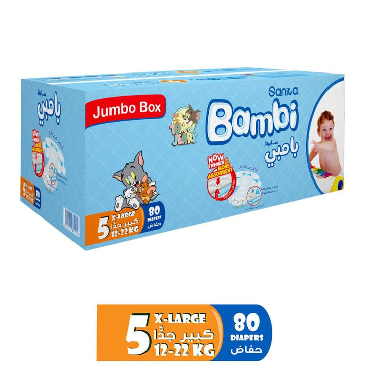 Sanita Bambi Tom And Jerry Baby Diapers, Size 5, X-Large, For 12-22 Kg Baby, Jumbo Box of 80's - Easy Pharmacy LLC