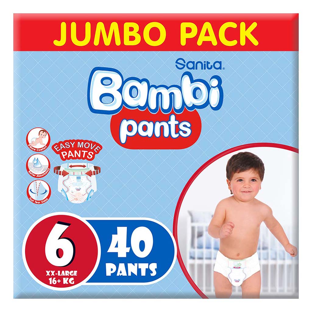 Sanita Bambi Easy Move Baby Diaper Pants, Size 6, XX-Large For 16+ Kg Baby, Jumbo Pack of 40's - Easy Pharmacy LLC