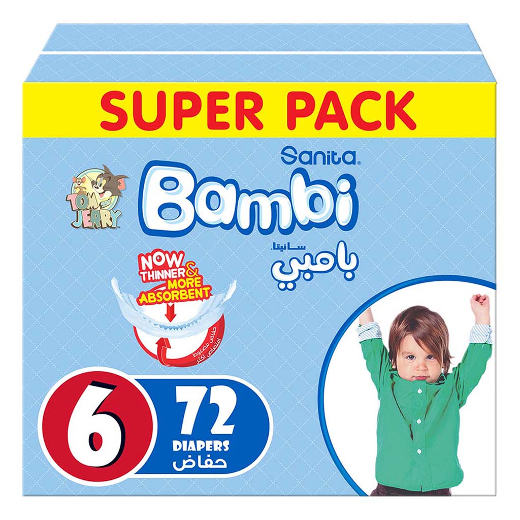 Sanita Bambi Tom And Jerry Baby Diapers, Size 6, XX-Large, For 16+ Kg Baby, Super Pack of 72's - Easy Pharmacy LLC