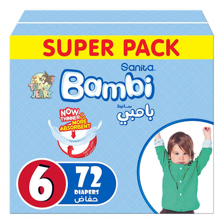 Sanita Bambi Tom And Jerry Baby Diapers, Size 6, XX-Large, For 16+ Kg Baby, Super Pack of 72's - Easy Pharmacy LLC