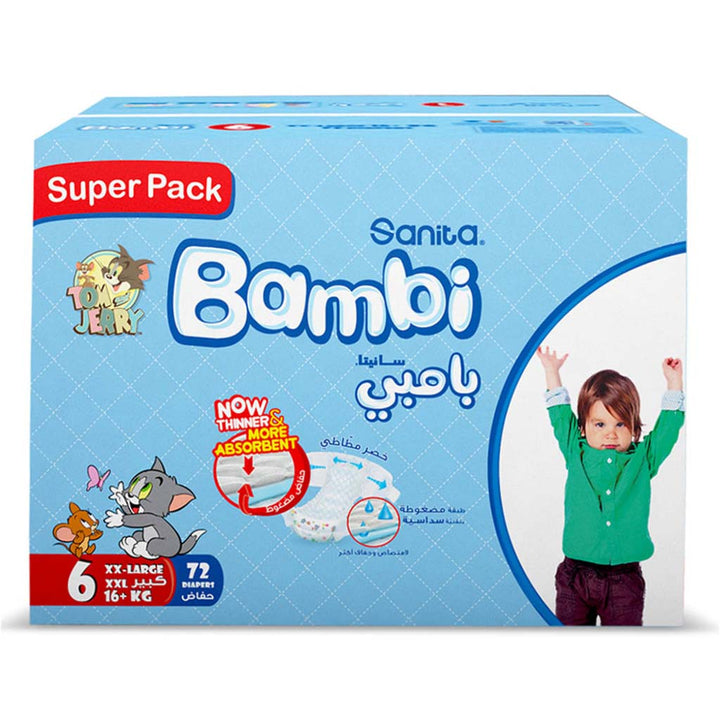 Sanita Bambi Tom And Jerry Baby Diapers, Size 6, XX-Large, For 16+ Kg Baby, Super Pack of 72's - Easy Pharmacy LLC
