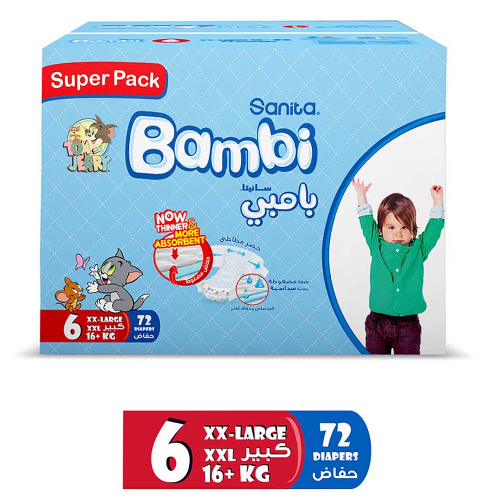 Sanita Bambi Tom And Jerry Baby Diapers, Size 6, XX-Large, For 16+ Kg Baby, Super Pack of 72's - Easy Pharmacy LLC