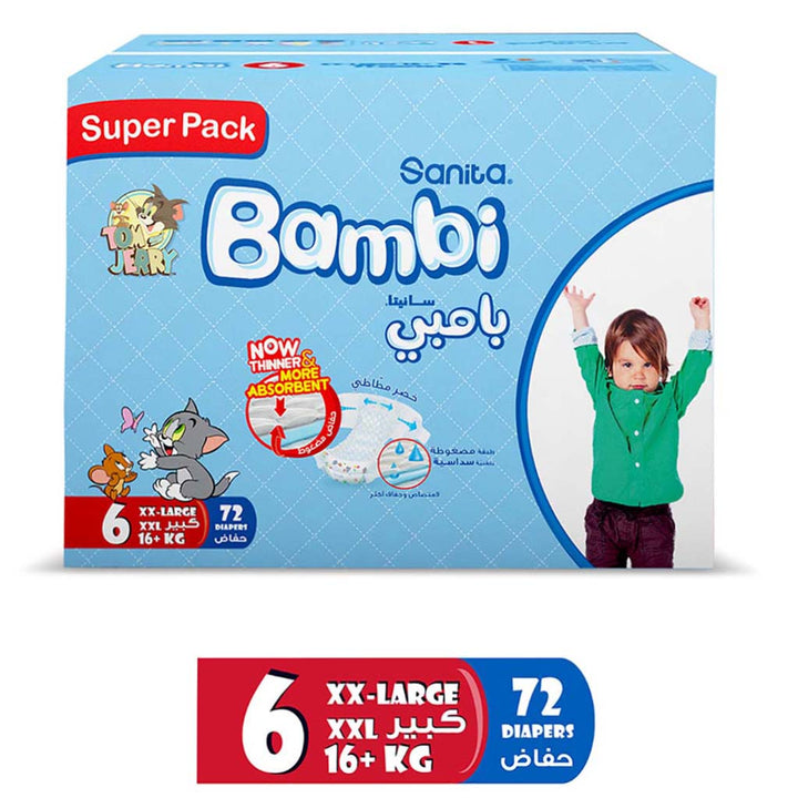 Sanita Bambi Tom And Jerry Baby Diapers, Size 6, XX-Large, For 16+ Kg Baby, Super Pack of 72's - Easy Pharmacy LLC