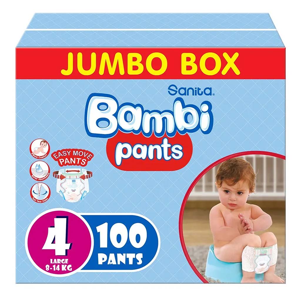 Sanita Bambi Easy Move Baby Diaper Pants, Size 4, Large For 8-14 Kg Baby, Jumbo Pack of 100's - Easy Pharmacy LLC