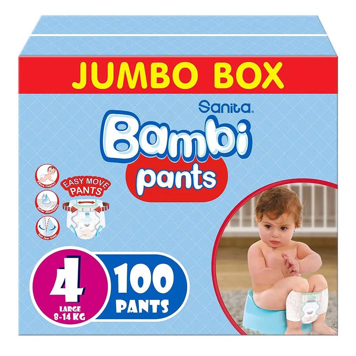 Sanita Bambi Easy Move Baby Diaper Pants, Size 4, Large For 8-14 Kg Baby, Jumbo Pack of 100's - Easy Pharmacy LLC