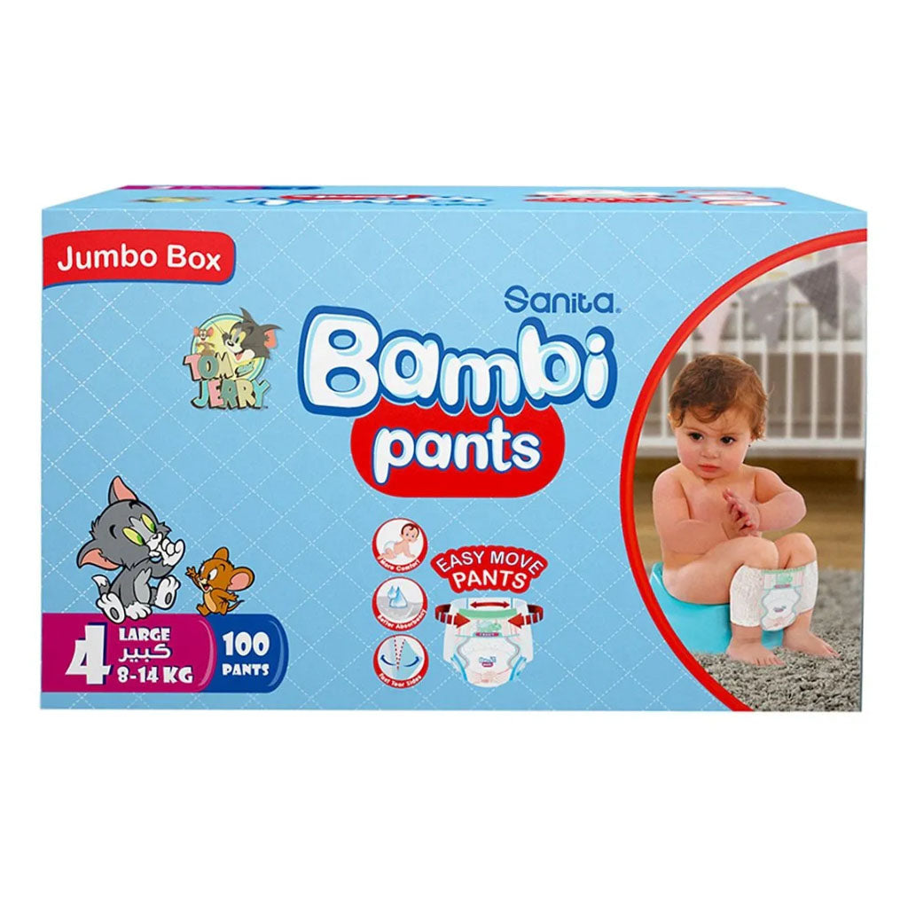 Sanita Bambi Easy Move Baby Diaper Pants, Size 4, Large For 8-14 Kg Baby, Jumbo Pack of 100's - Easy Pharmacy LLC