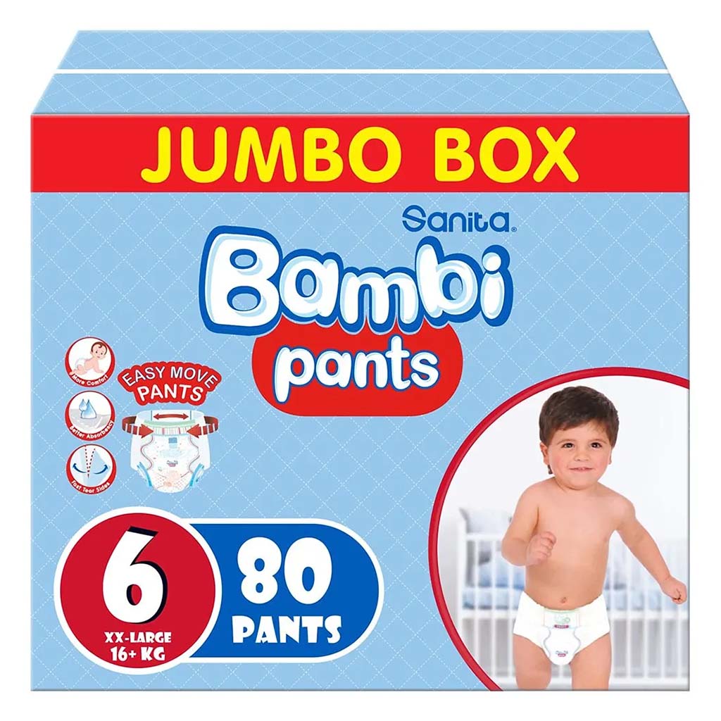 Sanita Bambi Easy Move Baby Diaper Pants, Size 6, XX-Large For 16+ Kg Baby, Jumbo Pack of 80's - Easy Pharmacy LLC