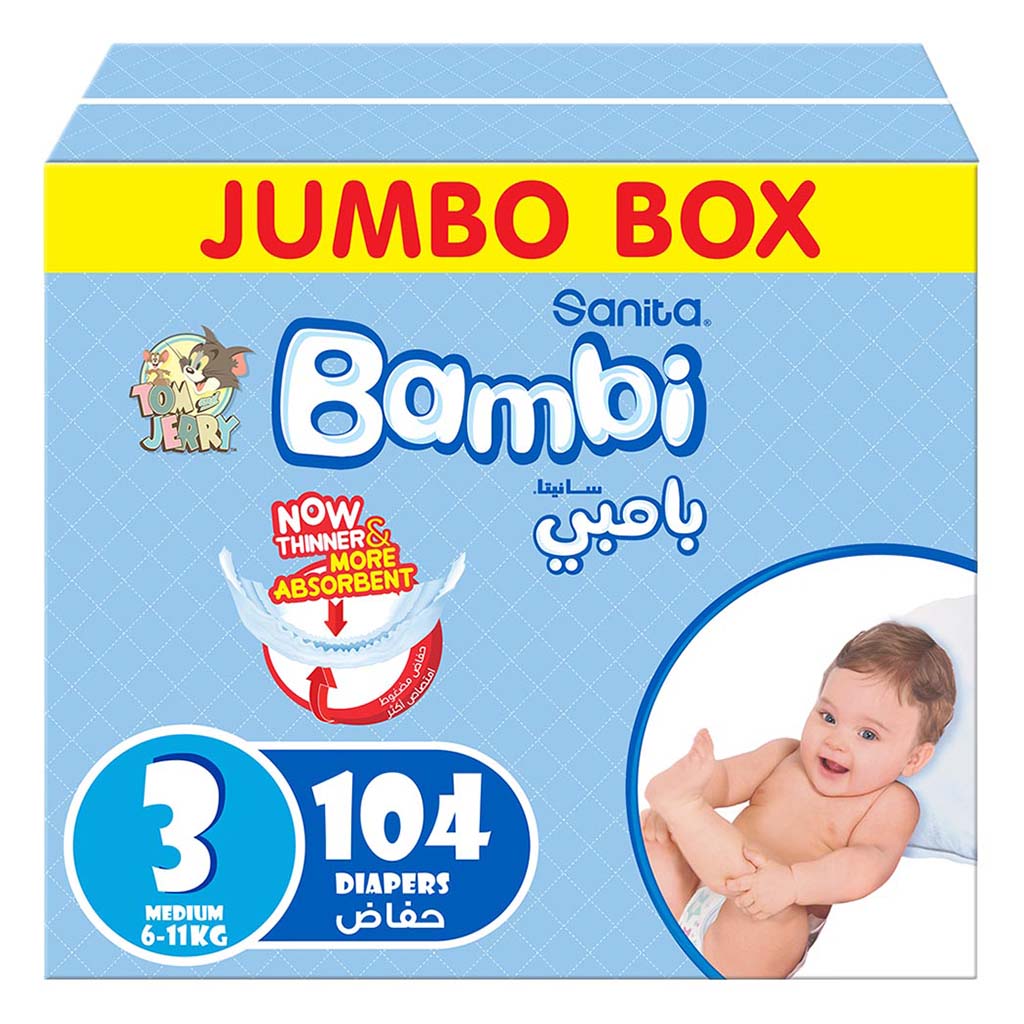 Sanita Bambi Tom And Jerry Baby Diapers, Size 3, Medium, For 6-11 Kg Baby, Jumbo Box of 104's - Easy Pharmacy LLC