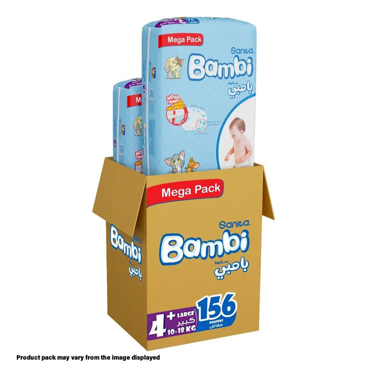Sanita Bambi Tom And Jerry Baby Diapers, Size 4+, Large For 10-18 Kg Baby, Mega Pack of 156's - Easy Pharmacy LLC