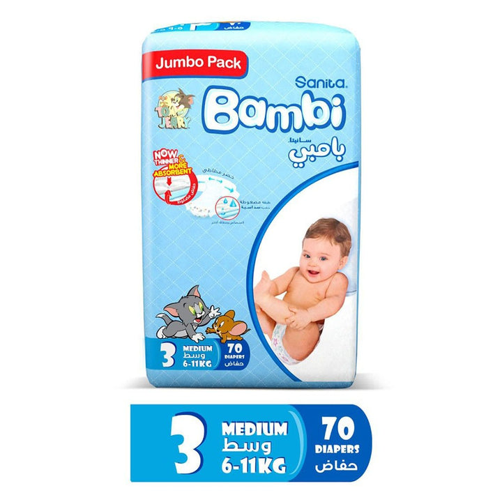 Sanita Bambi Tom And Jerry Baby Diapers, Size 3, Medium For 6-11 Kg Baby, Jumbo Pack of 70's - Easy Pharmacy LLC