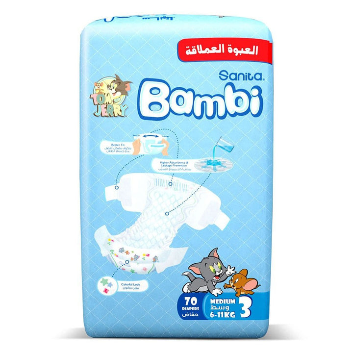 Sanita Bambi Tom And Jerry Baby Diapers, Size 3, Medium For 6-11 Kg Baby, Jumbo Pack of 70's - Easy Pharmacy LLC