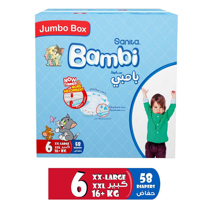 Sanita Bambi Tom And Jerry Baby Diapers, Size 6, XX-Large For 16+ Kg Baby, Jumbo Box of 58's - Easy Pharmacy LLC