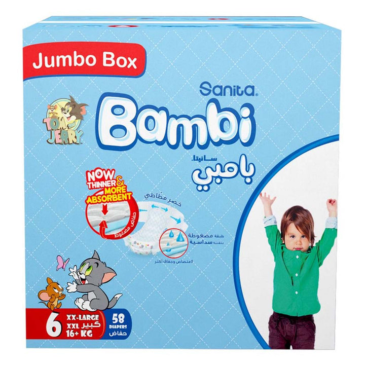 Sanita Bambi Tom And Jerry Baby Diapers, Size 6, XX-Large For 16+ Kg Baby, Jumbo Box of 58's - Easy Pharmacy LLC