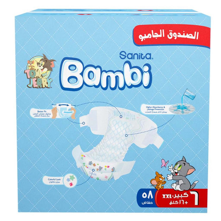 Sanita Bambi Tom And Jerry Baby Diapers, Size 6, XX-Large For 16+ Kg Baby, Jumbo Box of 58's - Easy Pharmacy LLC