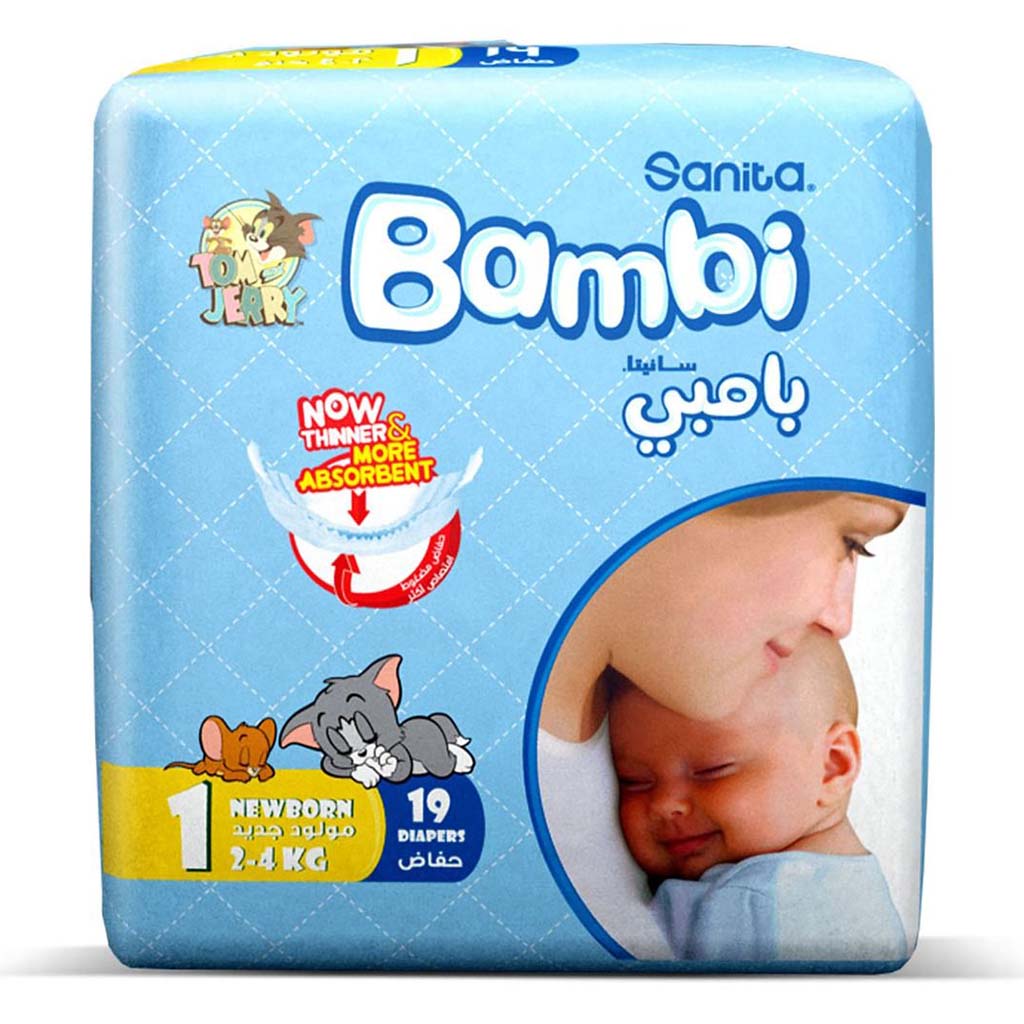 Sanita Bambi Tom And Jerry Baby Diapers, Size 1, For Newborn Baby With 2-4 Kg, Regular Pack of 19's - Easy Pharmacy LLC