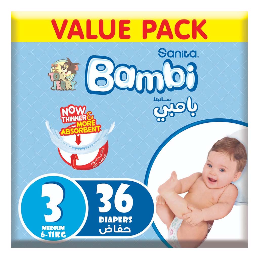 Sanita Bambi Tom And Jerry Baby Diapers, Size 3, Medium For 6-11 Kg Baby, Value Pack of 36's - Easy Pharmacy LLC