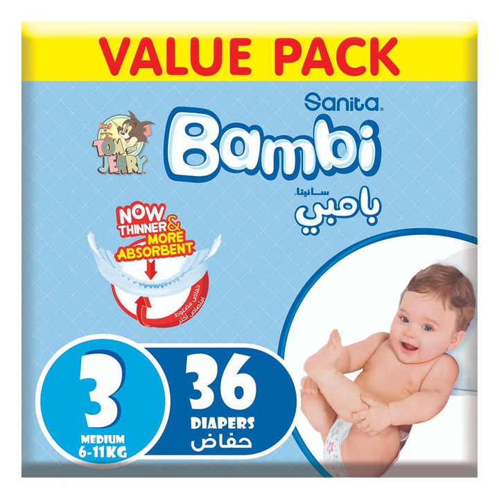 Sanita Bambi Tom And Jerry Baby Diapers, Size 3, Medium For 6-11 Kg Baby, Value Pack of 36's - Easy Pharmacy LLC