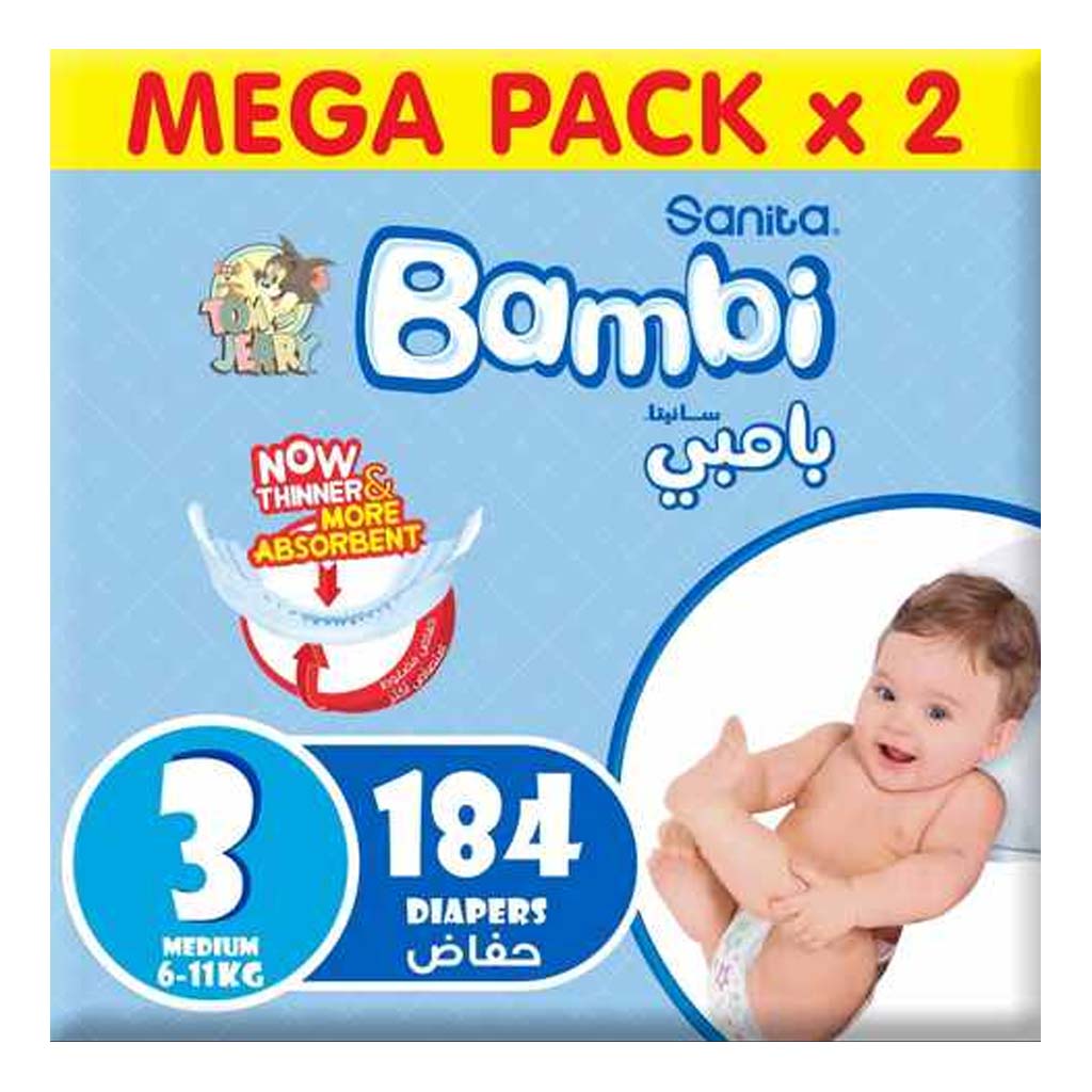 Sanita Bambi Tom And Jerry Baby Diapers, Size 3, Medium For 6-11 Kg Baby, 2 × 92's, Mega Pack of 184's - Easy Pharmacy LLC