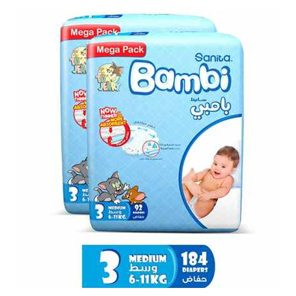 Sanita Bambi Tom And Jerry Baby Diapers, Size 3, Medium For 6-11 Kg Baby, 2 × 92's, Mega Pack of 184's - Easy Pharmacy LLC