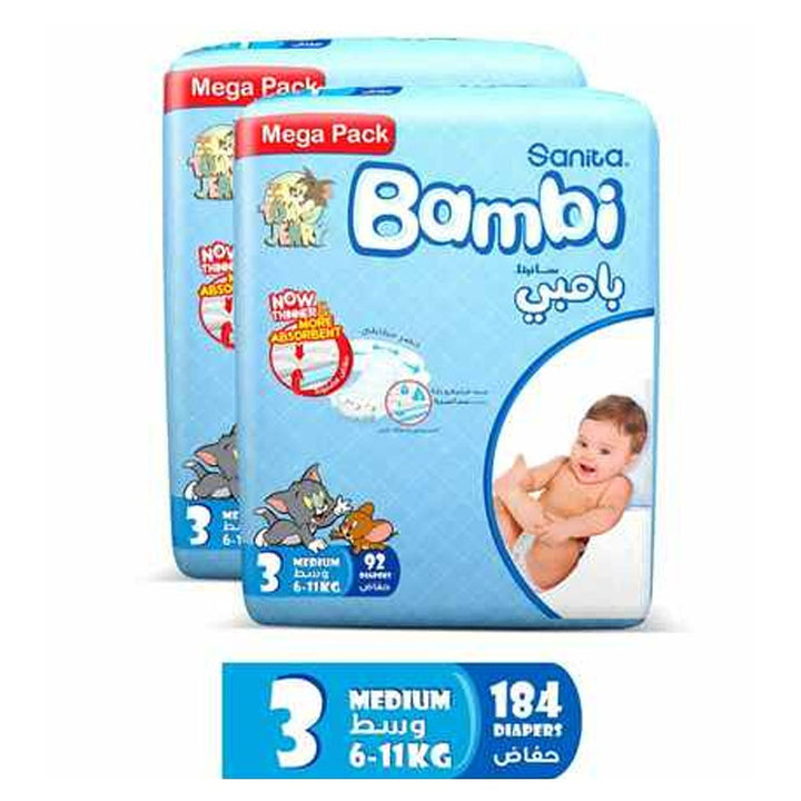 Sanita Bambi Tom And Jerry Baby Diapers, Size 3, Medium For 6-11 Kg Baby, 2 × 92's, Mega Pack of 184's - Easy Pharmacy LLC