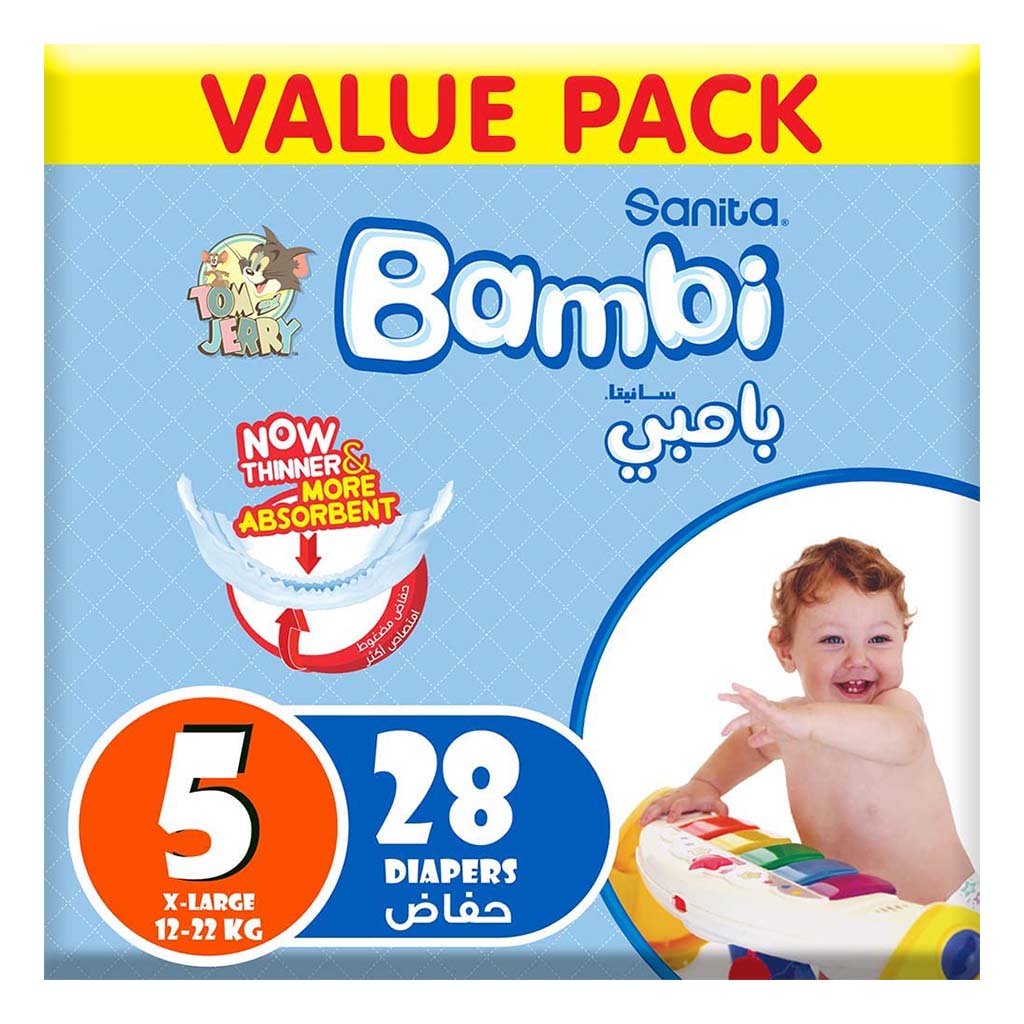 Sanita Bambi Tom And Jerry Baby Diapers, Size 5, X-Large For 12-22 Kg Baby, Value Pack of 28's - Easy Pharmacy LLC