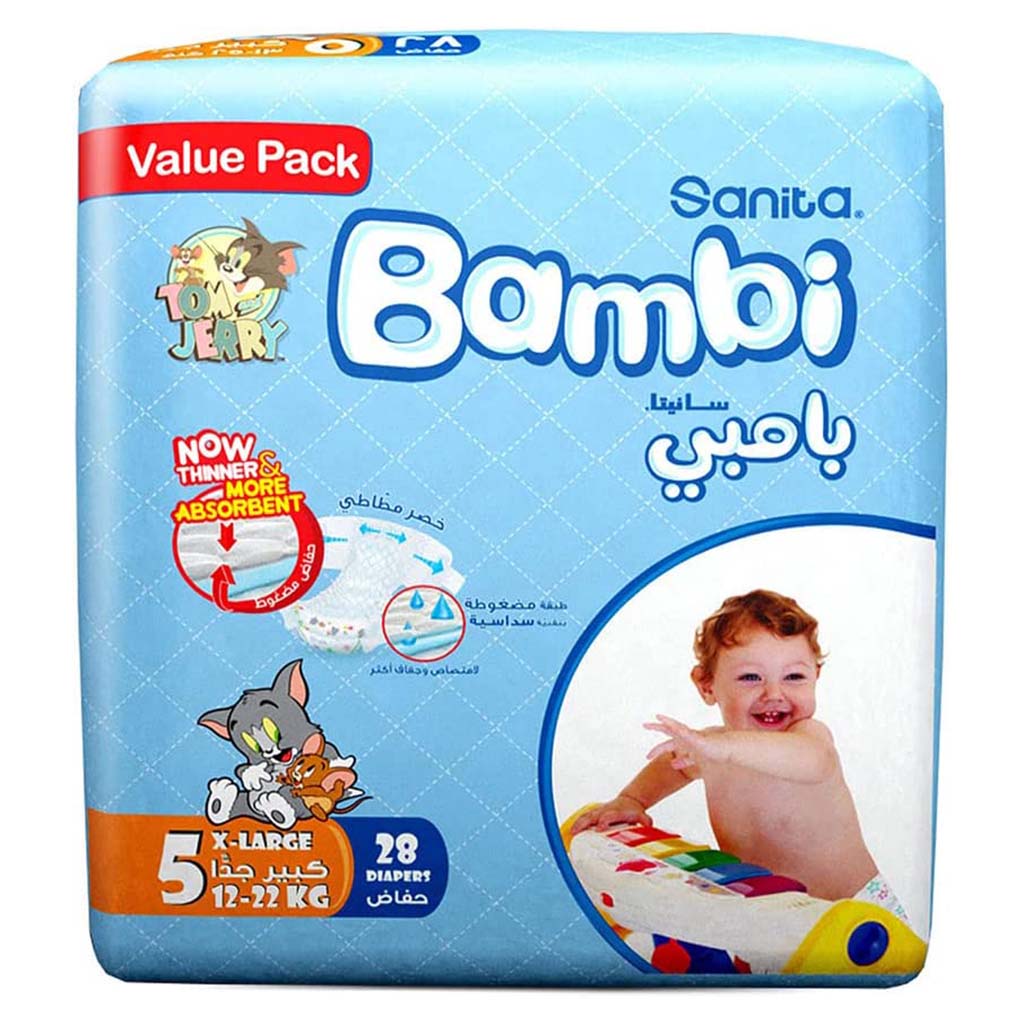Sanita Bambi Tom And Jerry Baby Diapers, Size 5, X-Large For 12-22 Kg Baby, Value Pack of 28's - Easy Pharmacy LLC