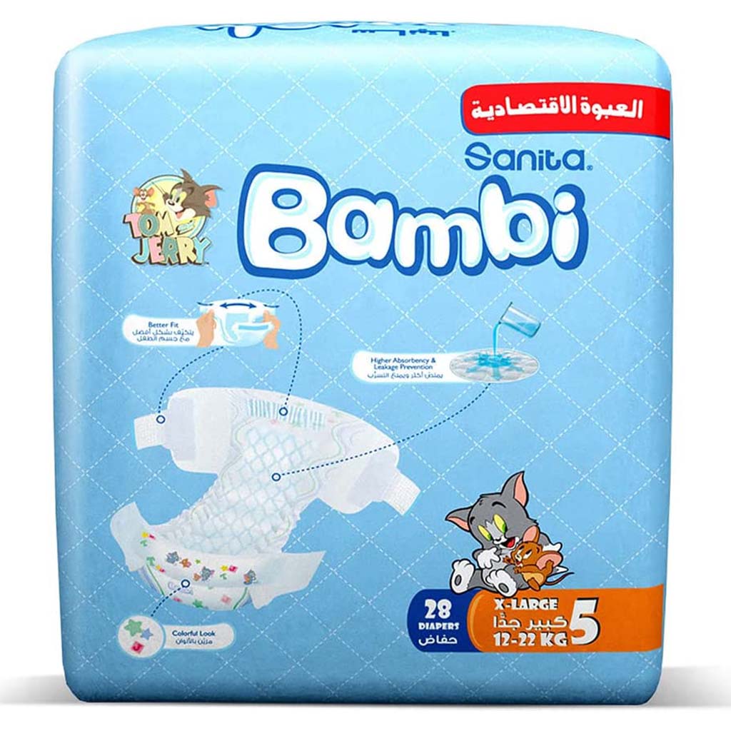 Sanita Bambi Tom And Jerry Baby Diapers, Size 5, X-Large For 12-22 Kg Baby, Value Pack of 28's - Easy Pharmacy LLC