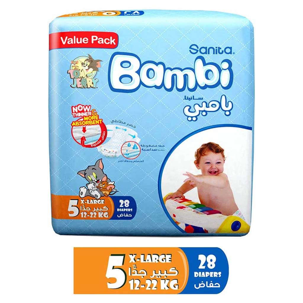 Sanita Bambi Tom And Jerry Baby Diapers, Size 5, X-Large For 12-22 Kg Baby, Value Pack of 28's - Easy Pharmacy LLC
