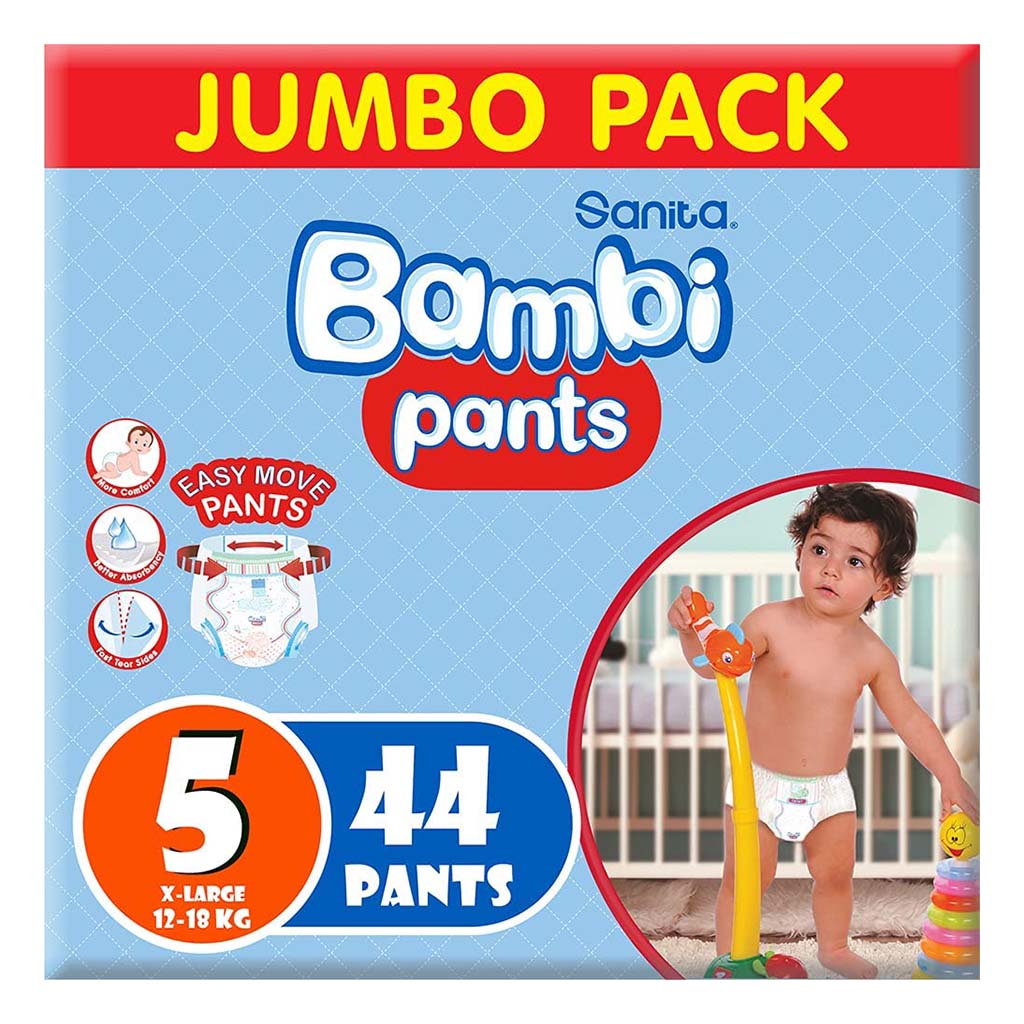 Sanita Bambi Easy Move Baby Diaper Pants, Size 5, X-Large For Baby 12-18 Kg Baby, Jumbo Pack of 44's - Easy Pharmacy LLC
