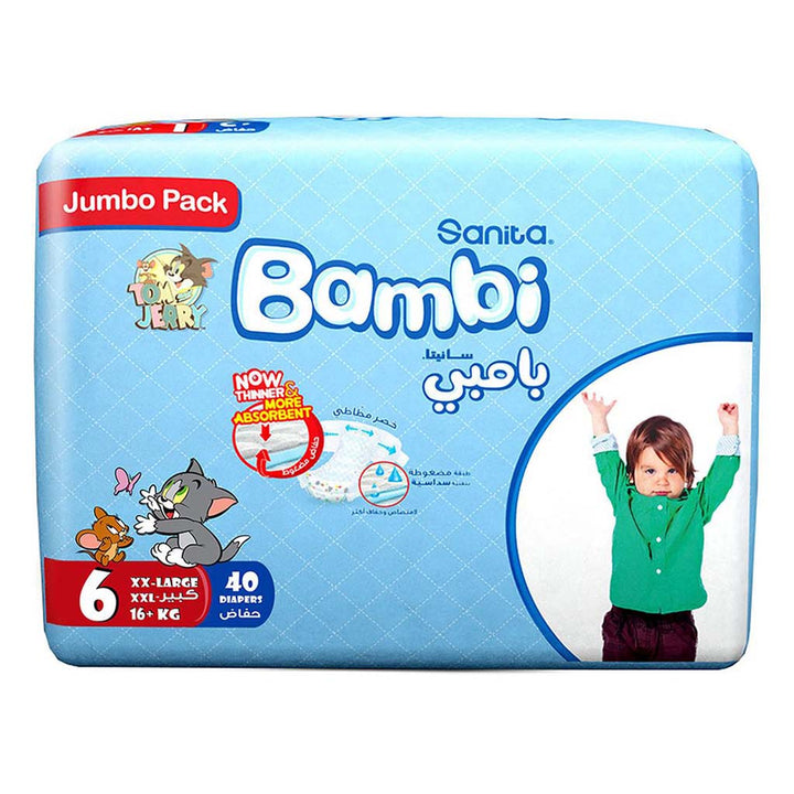 Sanita Bambi Tom And Jerry Baby Diapers, Size 6, XX-Large For 16+Kg Baby, Jumbo Pack of 40's - Easy Pharmacy LLC