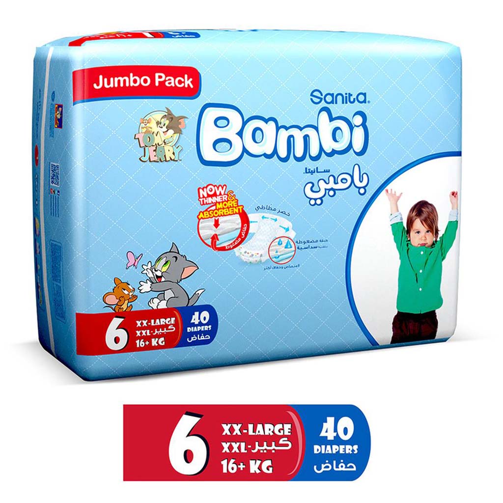 Sanita Bambi Tom And Jerry Baby Diapers, Size 6, XX-Large For 16+Kg Baby, Jumbo Pack of 40's - Easy Pharmacy LLC