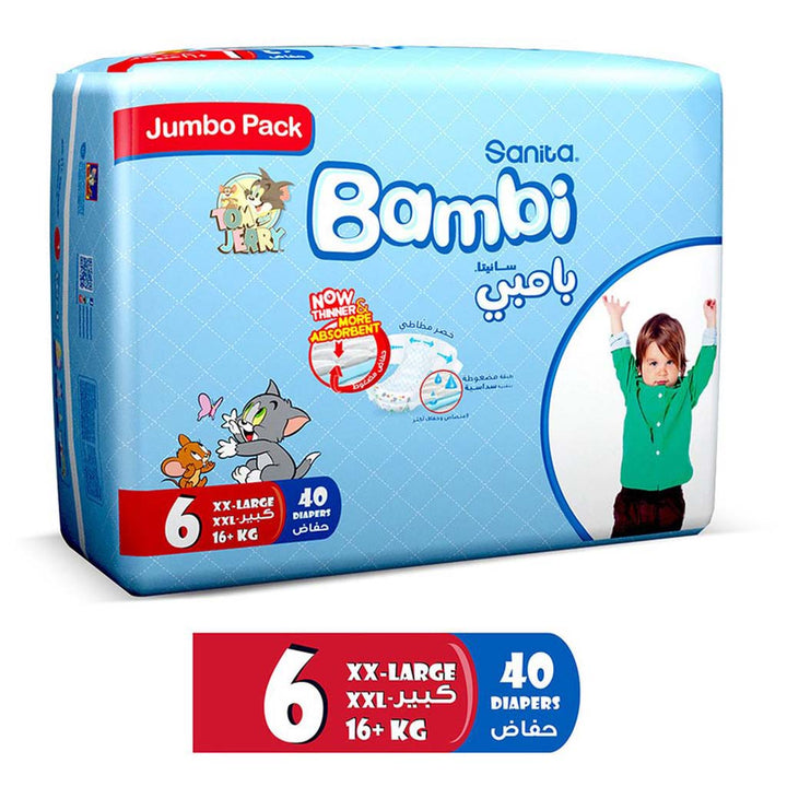 Sanita Bambi Tom And Jerry Baby Diapers, Size 6, XX-Large For 16+Kg Baby, Jumbo Pack of 40's - Easy Pharmacy LLC