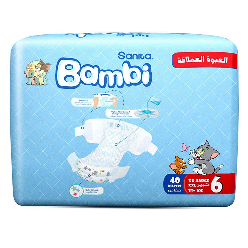Sanita Bambi Tom And Jerry Baby Diapers, Size 6, XX-Large For 16+Kg Baby, Jumbo Pack of 40's - Easy Pharmacy LLC