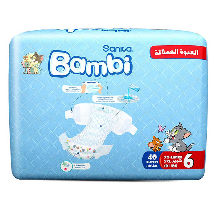 Sanita Bambi Tom And Jerry Baby Diapers, Size 6, XX-Large For 16+Kg Baby, Jumbo Pack of 40's - Easy Pharmacy LLC