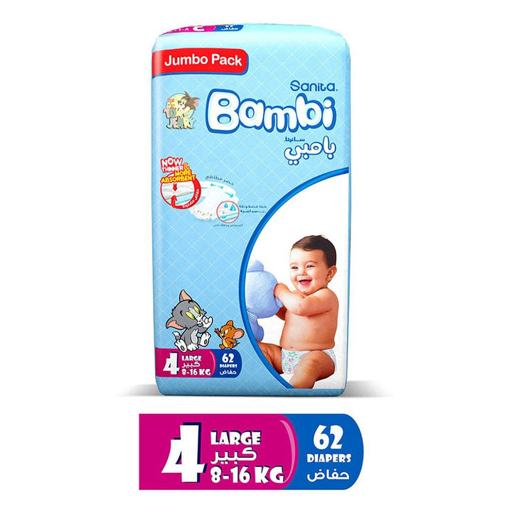 Sanita Bambi Tom And Jerry Baby Diapers, Size 4, Large, For 8-16 Kg Baby, Jumbo Pack of 62's - Easy Pharmacy LLC