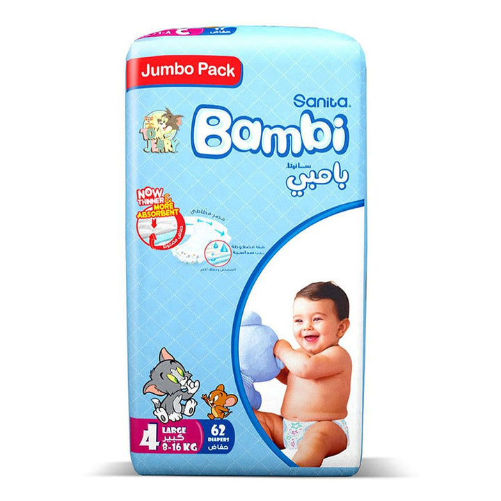Sanita Bambi Tom And Jerry Baby Diapers, Size 4, Large, For 8-16 Kg Baby, Jumbo Pack of 62's - Easy Pharmacy LLC