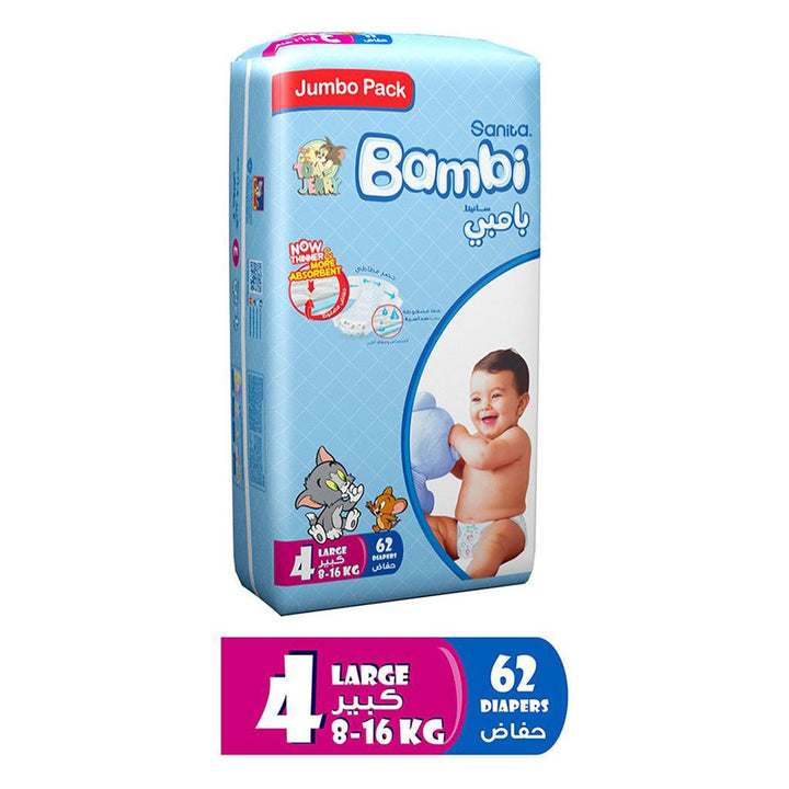 Sanita Bambi Tom And Jerry Baby Diapers, Size 4, Large, For 8-16 Kg Baby, Jumbo Pack of 62's - Easy Pharmacy LLC