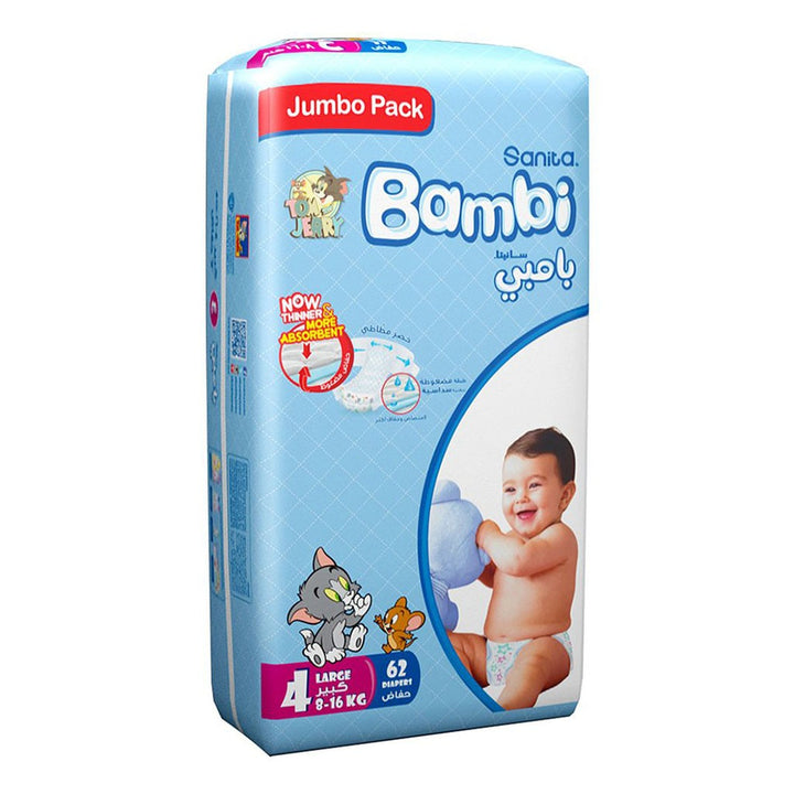 Sanita Bambi Tom And Jerry Baby Diapers, Size 4, Large, For 8-16 Kg Baby, Jumbo Pack of 62's - Easy Pharmacy LLC
