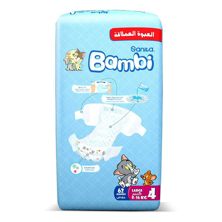 Sanita Bambi Tom And Jerry Baby Diapers, Size 4, Large, For 8-16 Kg Baby, Jumbo Pack of 62's - Easy Pharmacy LLC
