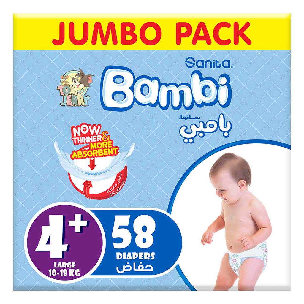 Sanita Bambi Tom And Jerry Baby Diapers, Size 4+, Large, For 10-18kg Baby, Jumbo Pack of 58's - Easy Pharmacy LLC