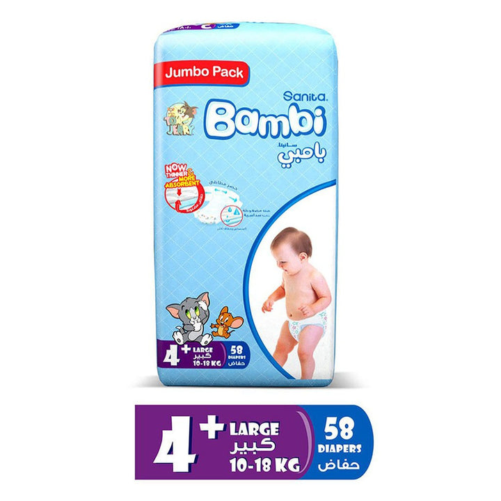 Sanita Bambi Tom And Jerry Baby Diapers, Size 4+, Large, For 10-18kg Baby, Jumbo Pack of 58's - Easy Pharmacy LLC