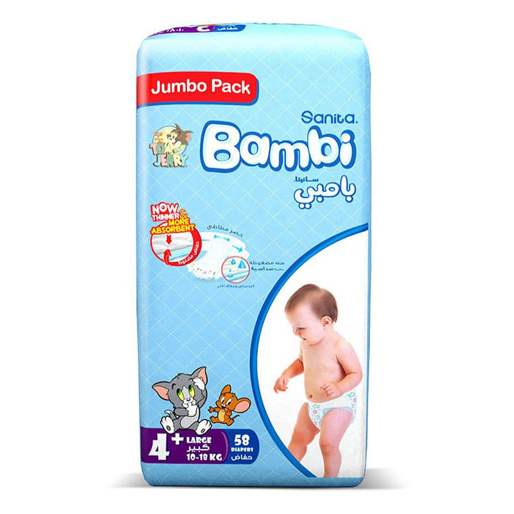 Sanita Bambi Tom And Jerry Baby Diapers, Size 4+, Large, For 10-18kg Baby, Jumbo Pack of 58's - Easy Pharmacy LLC