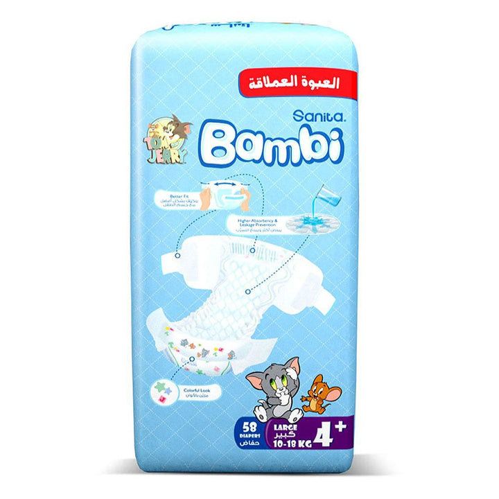 Sanita Bambi Tom And Jerry Baby Diapers, Size 4+, Large, For 10-18kg Baby, Jumbo Pack of 58's - Easy Pharmacy LLC
