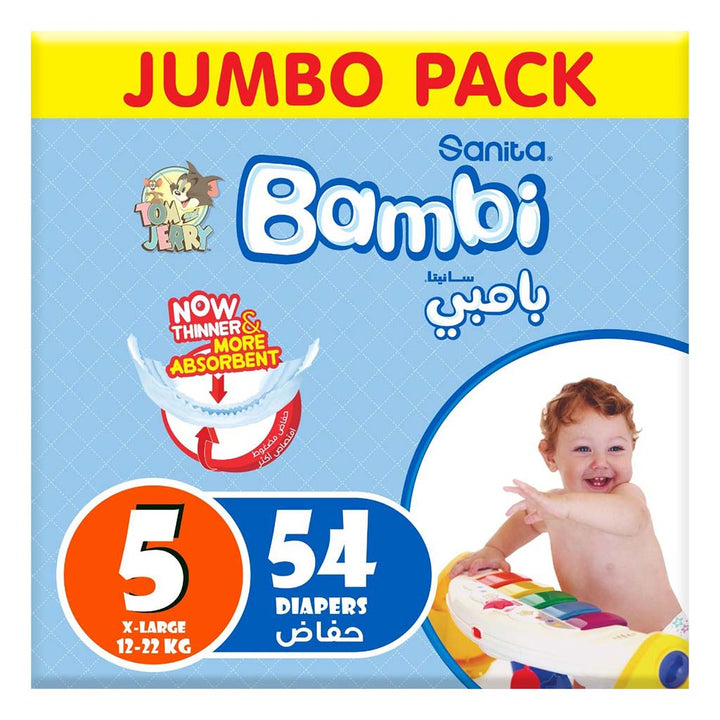 Sanita Bambi Tom And Jerry Baby Diapers, Size 5, X-Large For 12-22 Kg Baby, Jumbo Pack of 54's - Easy Pharmacy LLC